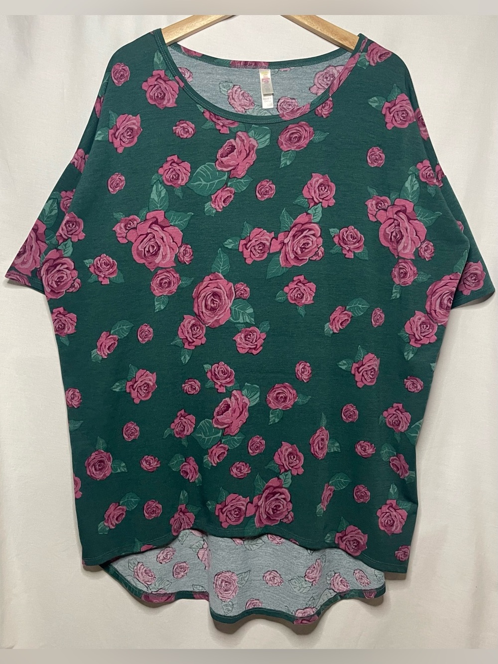 LuLaRoe High-Low Dark Green Short Sleeve Top with Pink Rose Print
